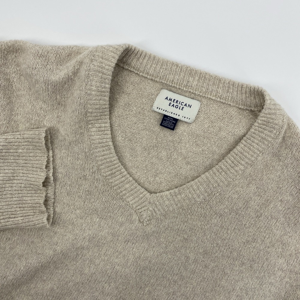 American Eagle Sweater Mens 3XL Beige Oatmeal Knit V Neck Preppy Minimalist Dad